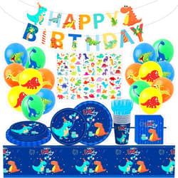 Poqirzan 108PCS Dinosaur Birthday Party Supplies Dinosaur Party Decorations Dinosaur Party Tableware Set Dinosaur Paper Plates and Napkins Balloons Temporary Tattoos Dino Birthday Decorations Serve 16