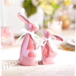 Valery Madelyn Easter Decorations, 2Pcs Bunny Decor, Pearl Pink Ceramic Rabbit Statue Figurine for Home, Spring Easter Gift Tiered Tray Decorations for Indoor Table Centerpieces，6.3 Inch