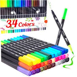 Reaeon Coloring Markers Pen, Dual Brush Tip Marker for Adult Coloring, 34 Color Calligraphy Fine Tip Pen for Beginner Journal Planner, Drawing, Doodle
