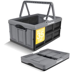 CleverMade Collapsible Shopping Basket 32L – Folding Grocery Basket with Handles, Stackable Reusable Storage Crate with 35 lb Capacity, Recycled Plastic, Car Trunk Organizer - Stone Gray