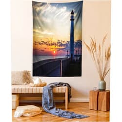 Lunarable Lighthouse Tapestry Twin Size, Michigan Sunrise Shores of St. Igance, Michigan Nautical Journey, Wall Hanging Bedspread Bed Cover Wall Decor, Twin Size, Dimgray Orange