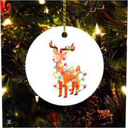 DOREENABE Christmas Ceramic Ornament Reindeer Lights Christmas Ornament Keepsake Deer Figurine Tangled Lights Ornament for Family Friend Xmas Holiday Keepsake Christmas Tree Decoration