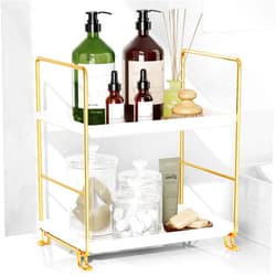 FSyueyun 2-Tier Bathroom Countertop Organizer, Tool-Less Installation Premium Plastics Makeup Perfume Organizer Skincare Shelf for Bathroom Vanity Dresser Organizers and Storage (Gold)