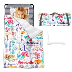 Evulum Personalized Nap Mats for Daycare Cot Bedding, Toddler Kids Girls Sleep Mat with Pillow and Blanket for Standard Size Cot Sheet, Custom Name Sleeping Bag Pink Mermaid