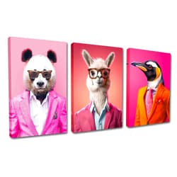 Tucocoo 3 Panels Animals in Suits Canvas Wall Art Pink Background Unique Style Wall Decor,Panda, Sheep and Penguin Printing Poster for Home Decor Living Room and Office Artwork Framed Ready to Hang-42’’X20’’