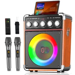PPMIC Karaoke Machine for Adults Kids, Portable Outdoor Bluetooth Speaker with 2 Wireless UHF Microphones Supports Remote Control, DJ Light, TF Card/USB/AUX/, TWS, Bass/Treble for Party (Wood)