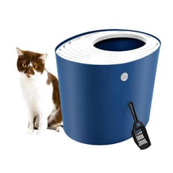 IRIS USA Large Top Entry Cat Litter Box with Scoop, Stylish Round Cat Litter Box Enclosure, Kitty Litter Box, Navy/White