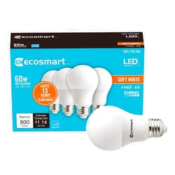 EcoSmart 60W Equivalent Soft White A19 Energy Star and Dimmable LED Light Bulb (4-Pack)