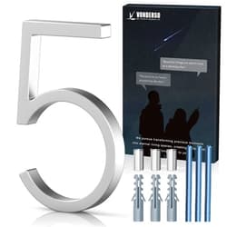 VONDERSO 5 Inch Floating House Numbers and Letters for Outside,Silver Metal Modern Outdoor Address Sign for Yard Street and Mailbox, Zinc Alloy Solid Address Numbers and Letters,number 5