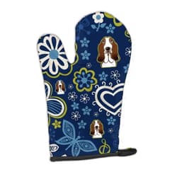 Caroline's Treasures BB5094OVMT Blue Flowers Basset Hound Oven Mitt Heat Resistant Thick Oven Mitt for Hot Pans and Oven, Kitchen Mitt Protect Hands, Cooking Baking Glove