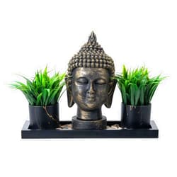 MyGift 7 Inch Antique Brass Tone Buddha Head Sculpture Decorative Centerpiece Set with 2 Artificial Green Grass Plants in Ceramic Pots and Black Wooden Display Tray