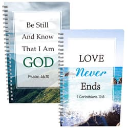 Xqumoi 2Pack A5 Natural Scenery Religious Spiral Notebooks - Love Never Ends Bible Verses Notebooks, Ruled Hardbound Lined Journal, Inspirational Christian Christmas Gift, Sunday School Supplies