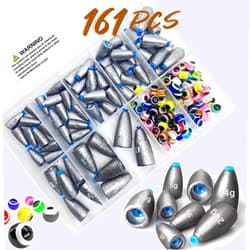 DAMIDEL 161Pcs/Box Worm Fishing Sinker Weights Kit with Soft Plastic Core（20g,14g,10g,7g,5g,3.5g Mixed, 61Pcs Bullet Lead Fishing Weights, 100 Pcs Eye Beads Bait, Don't Hurt Line Texas Rig