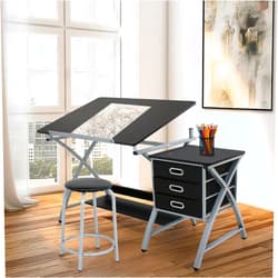 HomGarden Adjustable Drawing Desk Drafting Table Folding Art Craft Table Station w/Stool and 3 Storage Drawers
