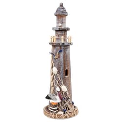 Puzzled CoTa Global Brown Wooden Lighthouse Decor - Handcrafted Nautical Lighthouse Table Top Centerpiece with Pelican , Fishing Net, Seashells and Anchor Decor, Lighthouse Outdoor Decor - 14.25 Inches