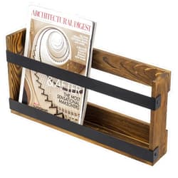 MyGift Rustic Burnt Solid Wood and Industrial Matte Black Metal Magazine Display Rack, Wall Mountable Double Wide Book Holder or Standing Organizer