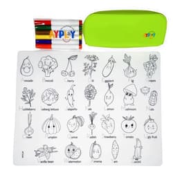 Buedarate AYPLAY Food Alphabet - Kids Placemat - Fruits & Veggies from A to Z - 16''x12'' Silicone Coloring Mat - Set of Washable Silicone Mat, Washable Markers, & Silicone Pouch - Educational Placemat