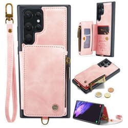 ZORSOME for Samsung Galaxy S22 Ultra 5G Wallet Case, Magnetic Zipper Wallet Protective Case for Samsung Galaxy S22 Ultra 5G,Stand Phone Case with Wristlet + Card Holder [RFID Blocking],Pink