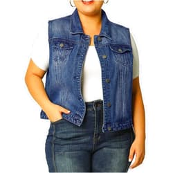 uxcell Women's Plus Size Buttons Denim Vest with Two Chest Flap Pockets Jackets