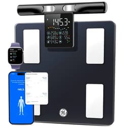 GE Smart Scale for Body Weight: 8-Electrode Body Pod Fat Monitor with Full Body Composition Analysis, Bluetooth App Sync, Large Handle Display, 400lb Capacity Bathroom Scale for Home & Gym, Black