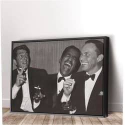 Amk Wood Dean Martin, Sammy Davis Jr. And Frank Sinatra Laughing - Canvas Wall Art Home Decor - Various Size (18in x 12in Modern Black Framed)