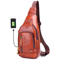 BULLCAPTAIN Leather Men Sling Bags Travel Crossbody Chest Bag Hiking Daypack with USB Charging Port Multi-Pocket