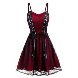 Yevin Gothic Clothes Punk Halloween Lace Skeleton Net Sleeveless Strap Drawstring Goth Clothes for Women and Girl（WineRed）