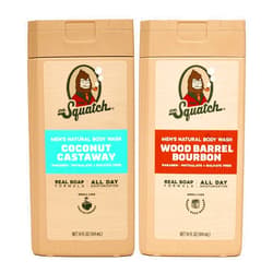 Dr. Squatch Natural Men's Body Wash Shower Gel - Cleansing, Nourishing, Long Lasting Scent, Moisturizing Body Wash for Men - Coconut Castaway + Wood Barrel Bourbon (14 oz, 2-Pack)