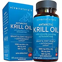 Viva Naturals Krill Oil Supplement 1250mg - Antarctic Krill Oil Omega 3 Providing Astaxanthin, DHA and EPA, Joint Support and Brain Supplement with No Fishy Aftertaste (60 Capsules) 60 Count (Pack of 1)