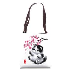 Shadoori Fashion - Sumi-e Ink Japanese Aesthetic Munchkin Cat Japanese Sumi-e Cherry Blossom Kitten Sakura Tote Bag