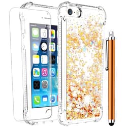 CAIYUNL for Case for iPhone SE 2022/SE 2020/iPhone 8/iPhone 7 with Screen Protector, Women Girls Cute Glitter Bling Floating Liquid Soft TPU Silicone Slim Phone Case Shockproof Protective Cover -Gold