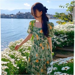 QNNGXX Large -Size Women's Small Floral Square Collar Back -Back Design Sense Versatile Thin Dress (Color : White, Size : 3X)