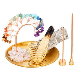 ZenBless 7 Chakra Crystal Tree Incense Holder Palo Santo Holder Sage Burner 5.5 inches Brass Ash Catcher for Incense Sticks/Coil Incense/Incense Cones Yoga Meditation Zen Spiritual Room Home Decor