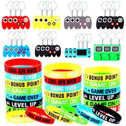 Aoriher 48 Pieces Video Game Party Favors Game Party Rubber Bracelets Wristbands Game Controller Keychains Game Party Goodie Bag Fillers Piñata Stuffers Gamer Birthday Supplies