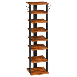 HOOBRO 8 Tiers Vertical Shoe Rack, Wooden Shoe Storage Organizer with Hooks, Narrow Shoe Tower for 8 Pairs, Space Saving, for Entryway, Living Room, Bedroom, Rustic Brown BF07XJ01G1