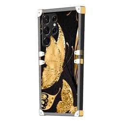 Stewing prerog Compatible with Samsung Galaxy S22 Ultra Square Case,Elegant Gold Butterfly Glitter Luxury Golden Decoration for Samsung Case Girls Women,Soft TPU and Hard PC Back Trendy Protective Cover Case