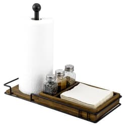 MyGift Rustic Kitchen and Dining Combo Caddy - Burnt Solid Wood and Industrial Matte Black Metal Paper Towel Roll Dispenser Stand, Napkin Holder, Spice Rack with 3 Shakers