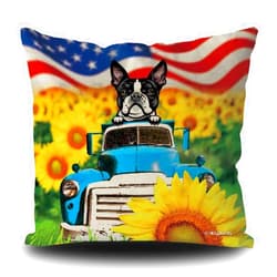 MALIHONG July of 4th Dog Pillowcase Peeking Dog Boston Terrier in Blue Retro Truck Sunflower USA Flag Patriotic Linen Throw Pillow Cover for Sofa Bed 20x20 Inch
