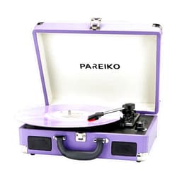 Pareiko 3 Speed Vinyl Record Player Bluetooth Turntable Vintage Record Player with Built-in Stereo Speakers Portable Built in Battery Lp Player Supports 3.5mm Headphone AUX Input RCA Line Out, Purple