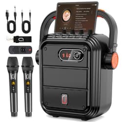 JYX Karaoke Machine with 2 Wireless Microphones, 5200mAh Portable Speaker Set Bluetooth 5.0 Rechargeable PA System with TWS,FM, REC,Stage Subwoofer Supports BT/USB/TF Card/Aux for Party