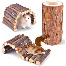 Bissap 3PCS Hamster Toys, Natural Guinea Pig Wooden Ladder Bridge Forest Hollow Tree Trunk Hideout for Dwarf Syrian Hamsters Mice Gerbils Chinchilla Cage Accessories Climbing Hides Toy