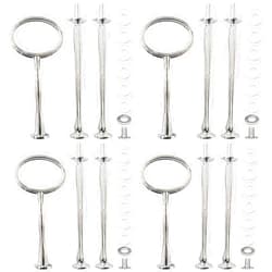 ROSE CREATE 4 Sets 15’’ 3-Tier Cake Tray Stand Handle, Multi-tier Metal Dessert Fruit Center Rod Heavy Duty Hardware Holder for Wedding Party Birthday Cupcake Platter Stand Fittings - Silver Oval