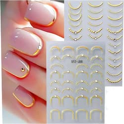POWPOP French Line Nail Art Stickers Decals 5D Embossed French Tip Nail Decals with Rhinestone 2PCS Golden French Stripes Wave Nail Adhesive Sliders Y2K French Curve Manicure Sticker for Nail Art Decorations