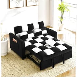 FREESNOOZE Modern Loveseat Sleeper Sofa Bed Pull Out Couch, Adjustable Backrest, Velvet 3-in-1 Convertible for Living Room Sofa with Storage Pocket, Throw Pillow(Black White)
