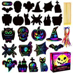 MGparty Scratch Paper Craft for Kids - 48 Pcs Halloween Magic Rainbow Scratch Paper Off Cards Set for Kids Crafts Arts Supplies Halloween Ornaments Party Games Halloween Birthday Gifts