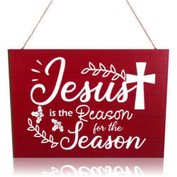 Blulu Christmas Jesus Wood Sign Jesus Is the Reason for the Season Hanging Sign Nativity Cross Scene Wall Decor Christmas Tree Ornaments for Holiday Door Wall Indoor Outdoor Decorations(Red)