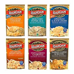 Idahoan Mashed Potatoes Variety Bundle of 6 4 oz. Wisconsin Cheddar, Monterey Pepper Jack, Applewood Smoked Bacon, Bacon and Cheddar Chipotle, Cheddar and Sour Cream, Smokey Cheese and Bacon