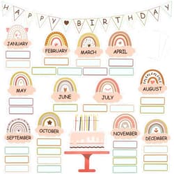 Gueevin 60 Pieces Boho Classroom Decor Birthday Bulletin Board Decorations Set Rainbow Bulletin Board Decor Classroom Chart Wall Decoration Cutouts for School Calendar Birthday Border (Brown Series)