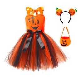 IMEKIS Toddler Kids Girls Halloween Pumpkin Costume Dress with Trick or Treat Bag Headband 3PCS Set Outfit Photo Shoot