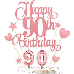 HOGRTi 90th Birthday Cake Decorations Set Include 90th Birthday Candles Numeral 90 Cake Candles and Happy 90th Birthday Cake Toppers with Heart Star Cupcake Picks for Birthday Party (Rose Gold Series)